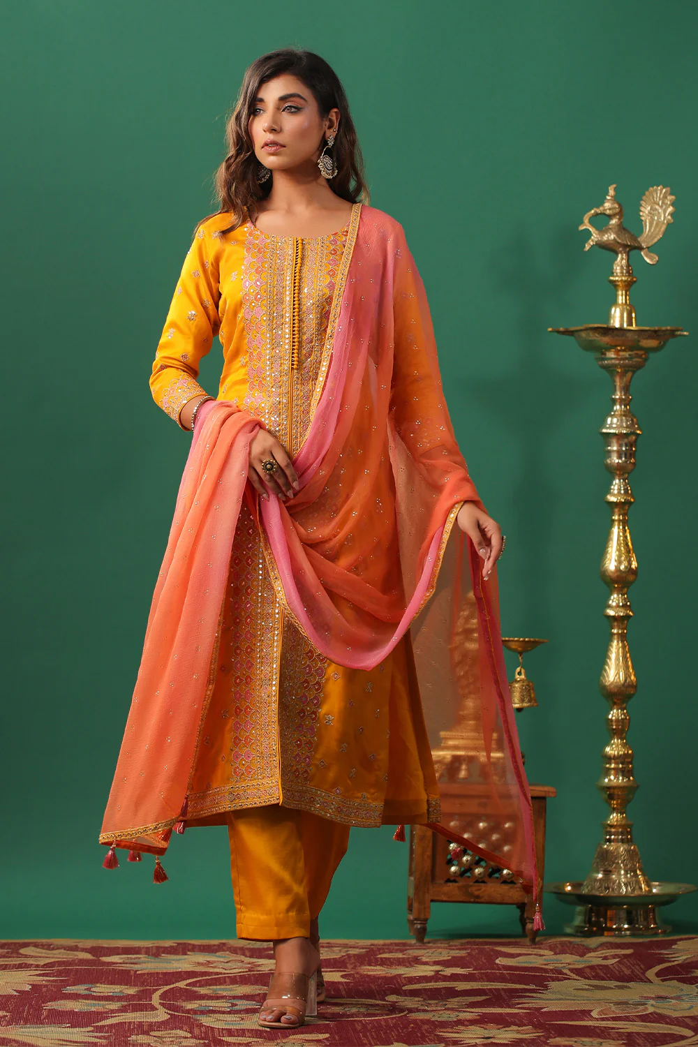Mustard Color Embroidered Silk Unstitched Suit Material - Image 5