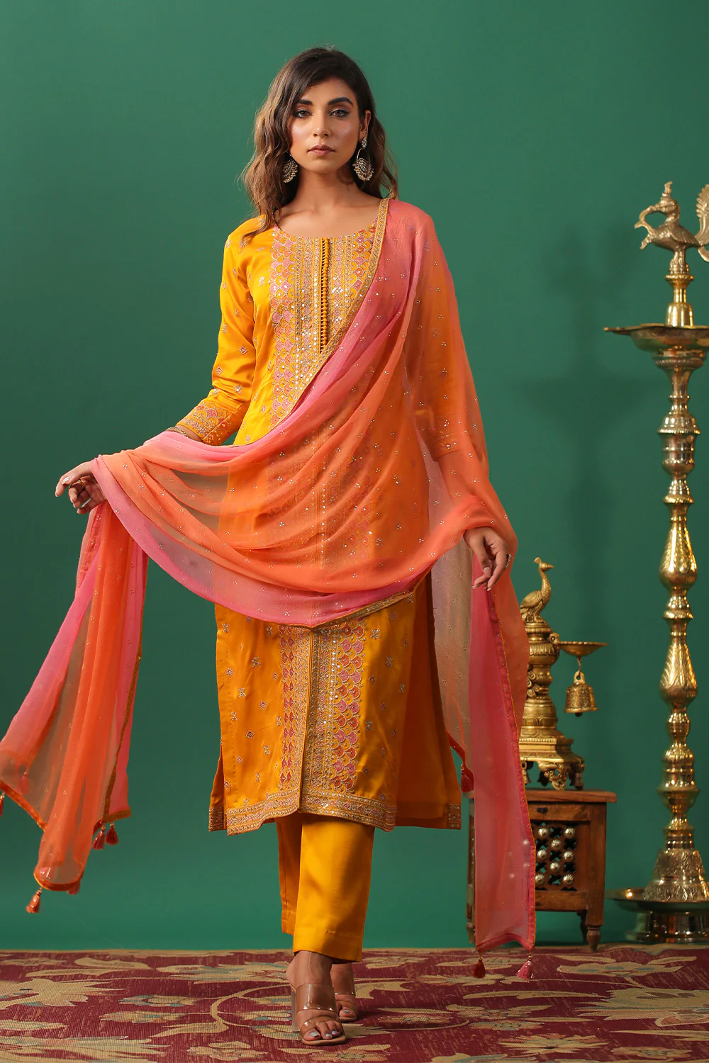 Mustard Color Embroidered Silk Unstitched Suit Material - Image 6