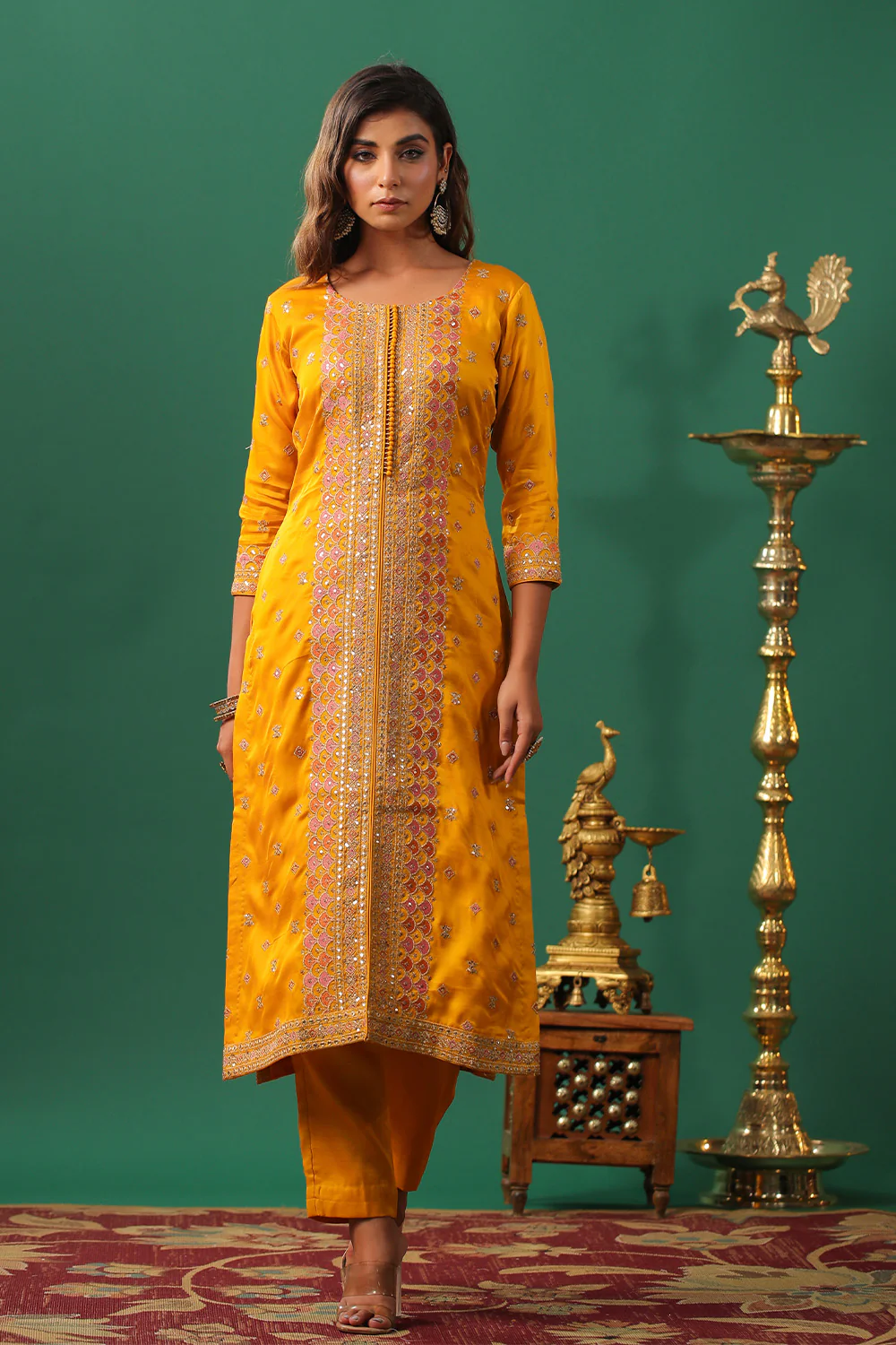 Mustard Color Embroidered Silk Unstitched Suit Material - Image 7