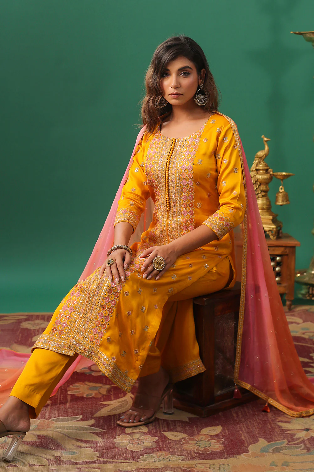 Mustard Color Embroidered Silk Unstitched Suit Material - Image 8