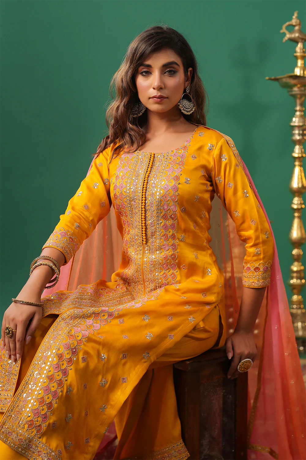 Mustard Color Embroidered Silk Unstitched Suit Material - Image 9