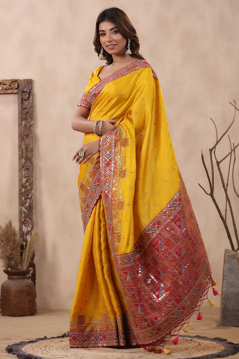 Mustard Color Embroidery Silk Saree - Image 4