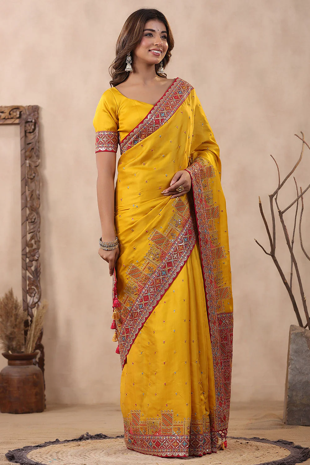 Mustard Color Embroidery Silk Saree - Image 5
