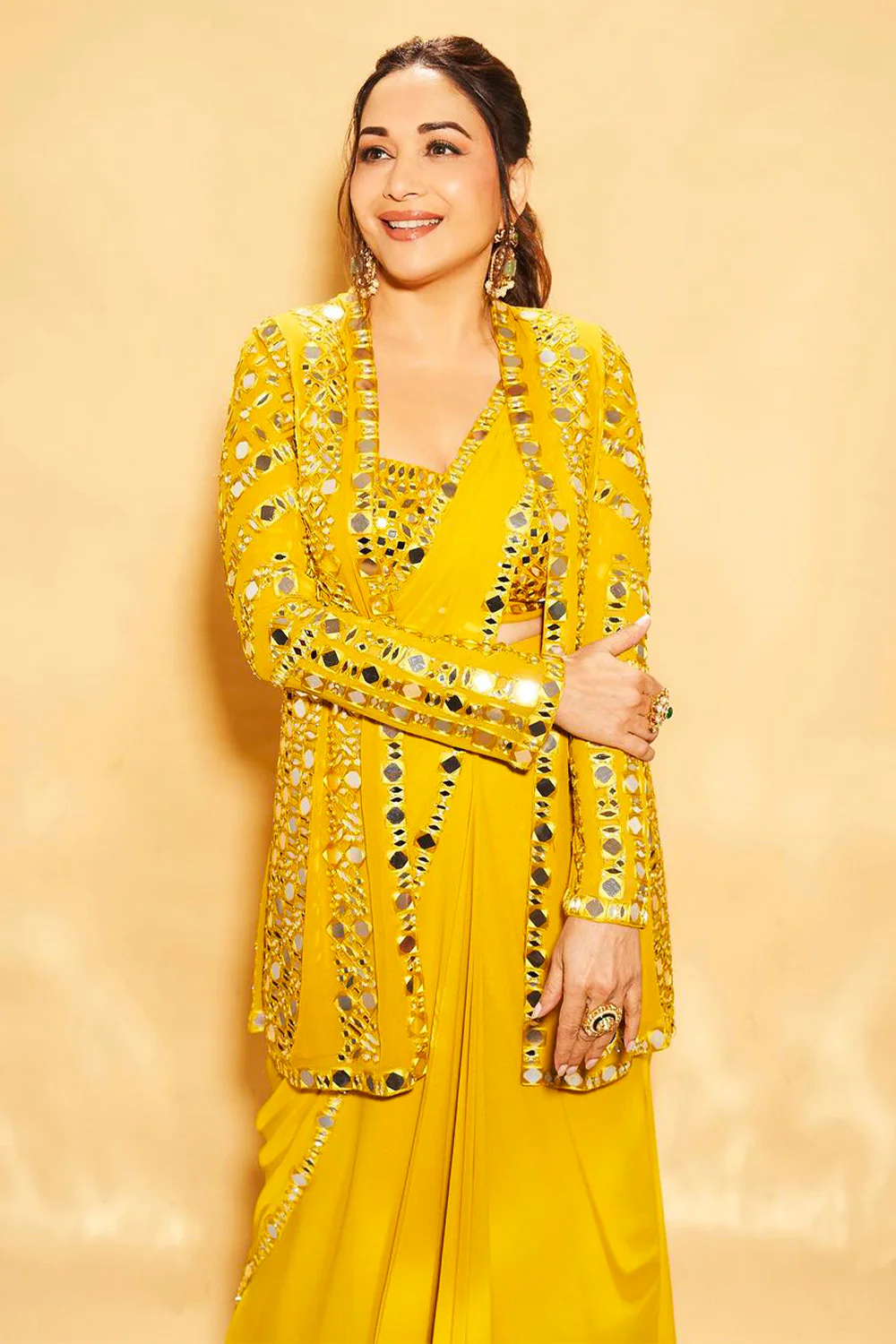 Mustard Color Georgette Mirror Embroidered Saree With Shrug - Image 4