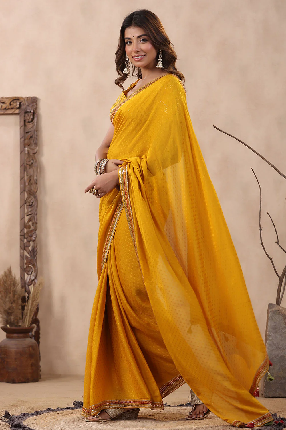 Mustard Color Jacquard Crepe Woven Saree With Readymade Blouse - Image 3