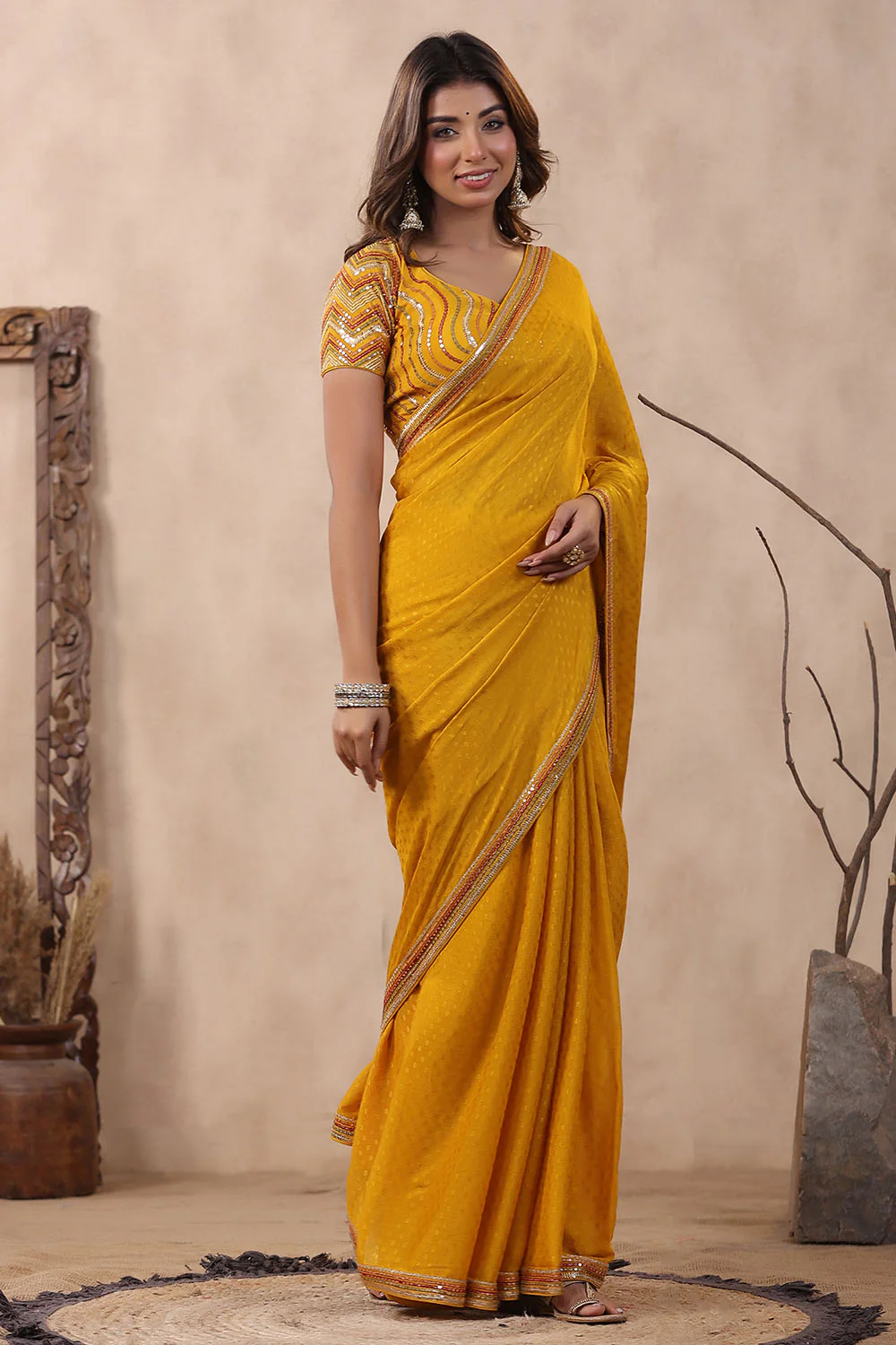 Mustard Color Jacquard Crepe Woven Saree With Readymade Blouse - Image 4