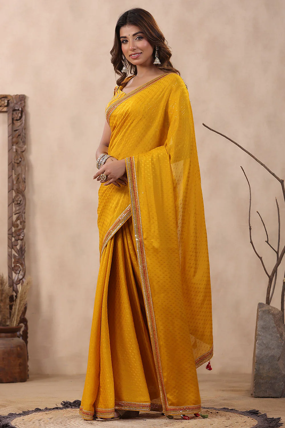 Mustard Color Jacquard Crepe Woven Saree With Readymade Blouse - Image 5
