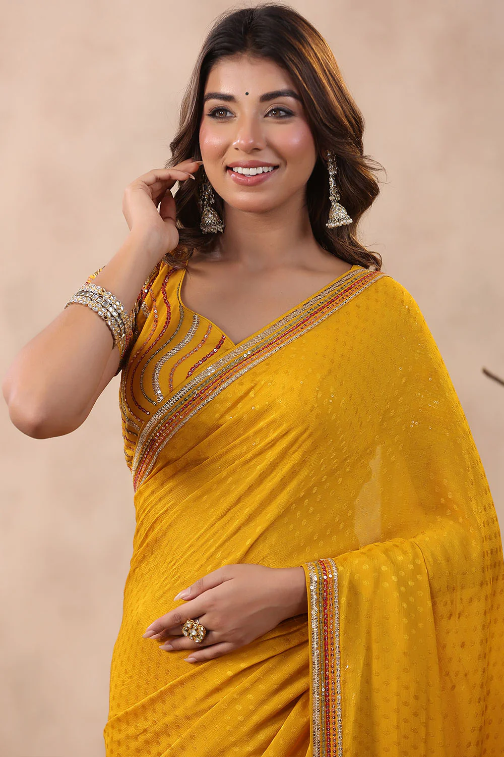 Mustard Color Jacquard Crepe Woven Saree With Readymade Blouse - Image 6