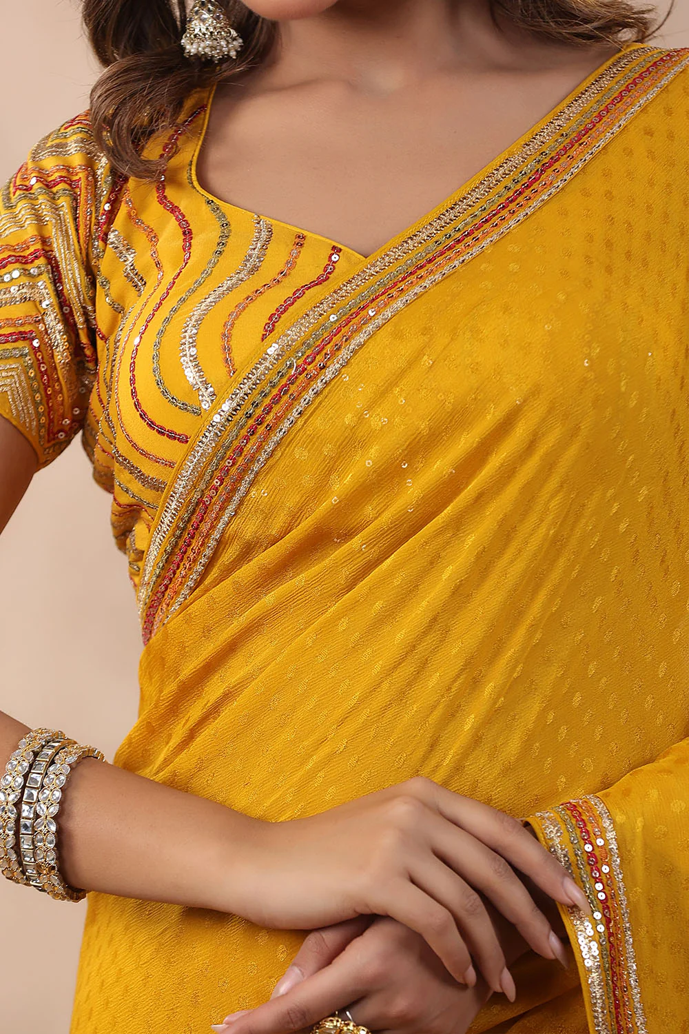 Mustard Color Jacquard Crepe Woven Saree With Readymade Blouse - Image 7