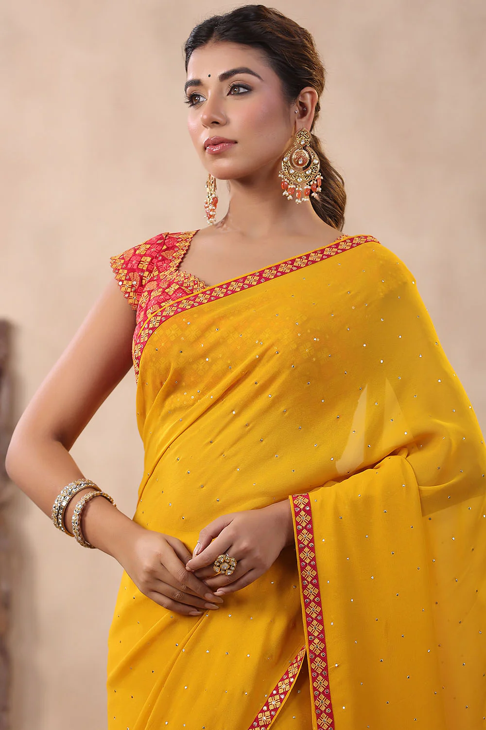Mustard Color Mukesh Work Georgette Saree With Readymade Blouse - Image 3