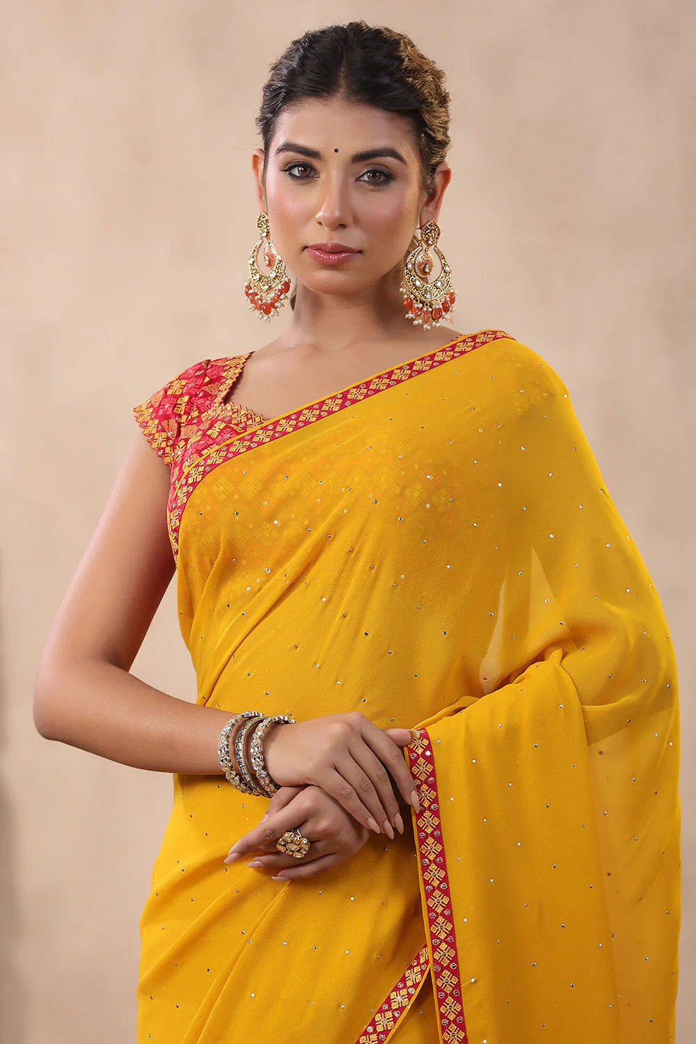 Mustard Color Mukesh Work Georgette Saree With Readymade Blouse - Image 4