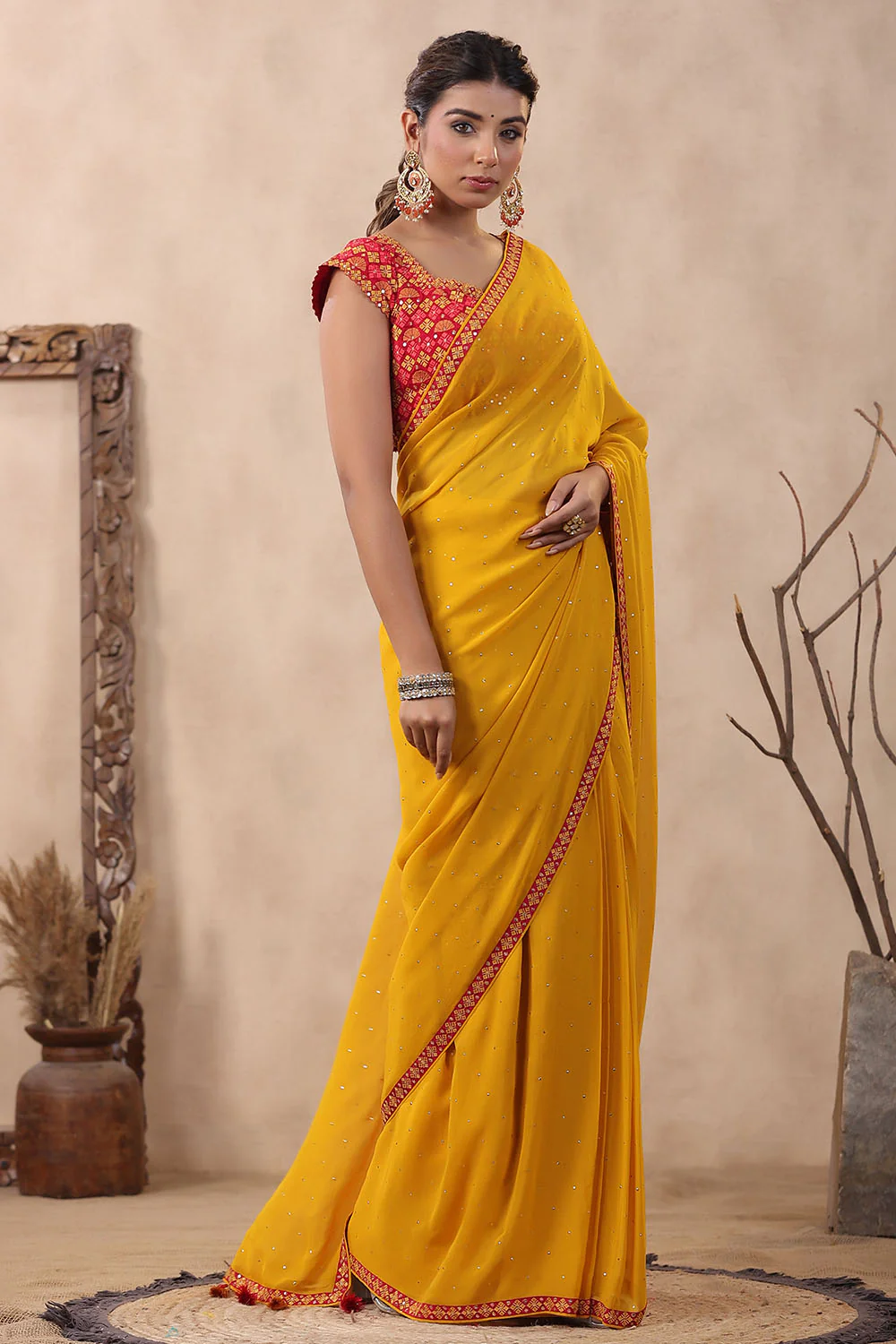 Mustard Color Mukesh Work Georgette Saree With Readymade Blouse - Image 5