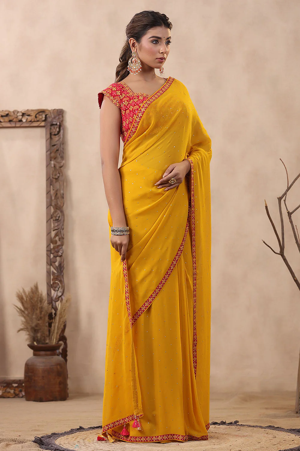 Mustard Color Mukesh Work Georgette Saree With Readymade Blouse - Image 6