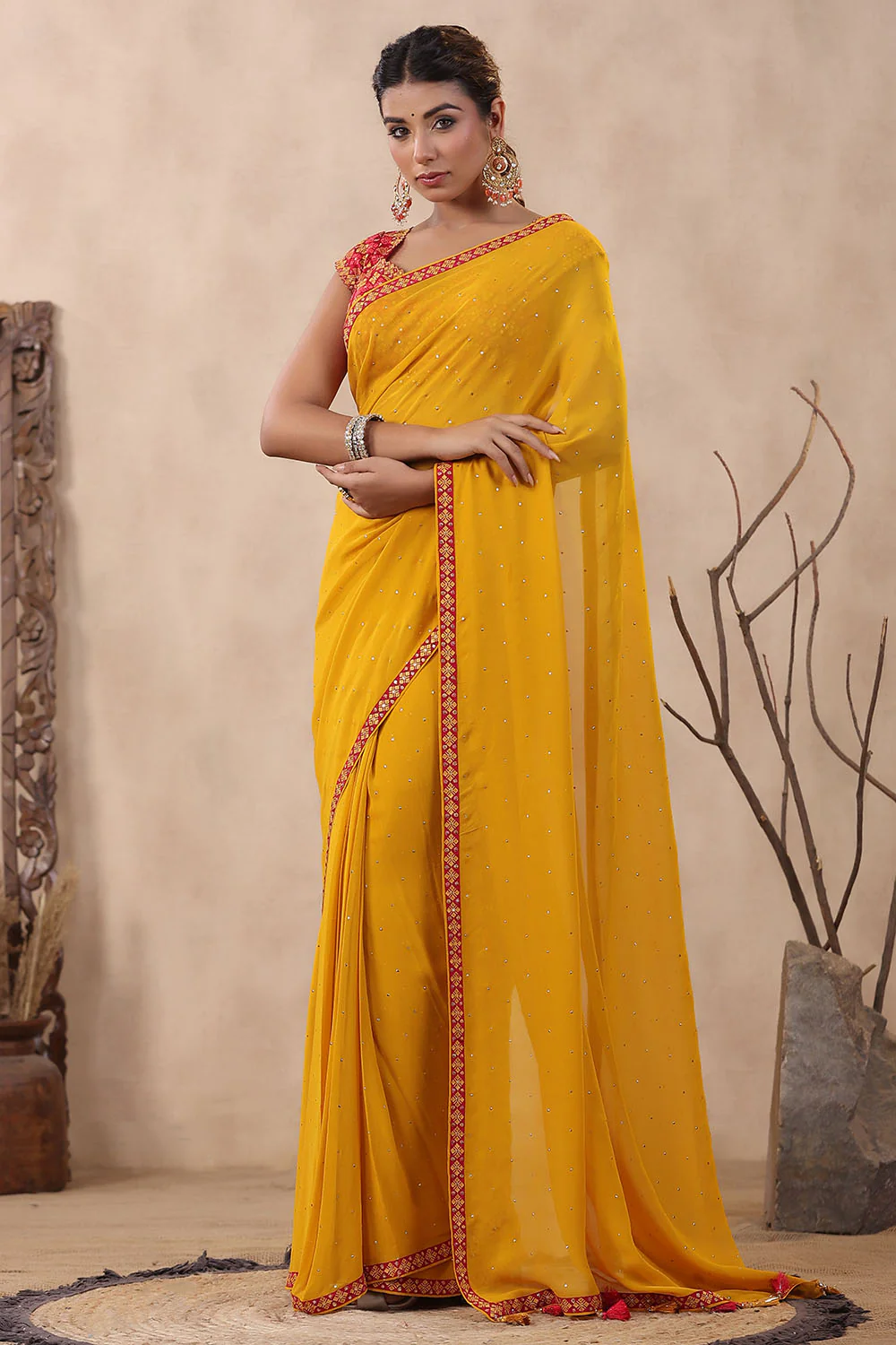 Mustard Color Mukesh Work Georgette Saree With Readymade Blouse - Image 7