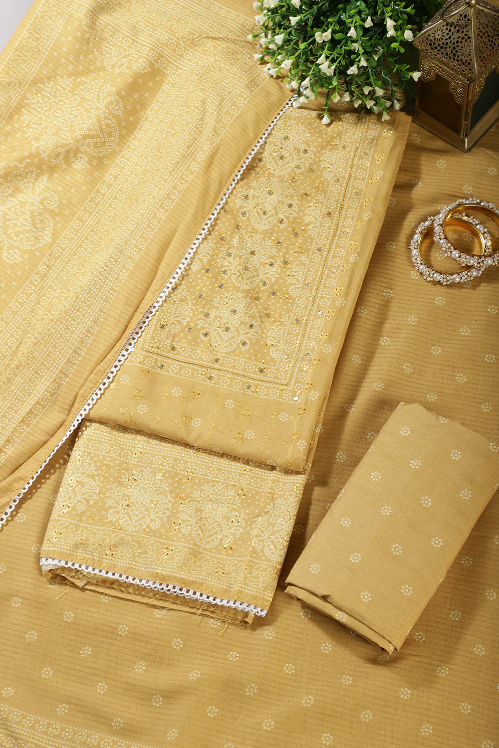 Mustard Color Resham & Mirror Embroidered Cotton Unstitched Suit Fabric - Image 2
