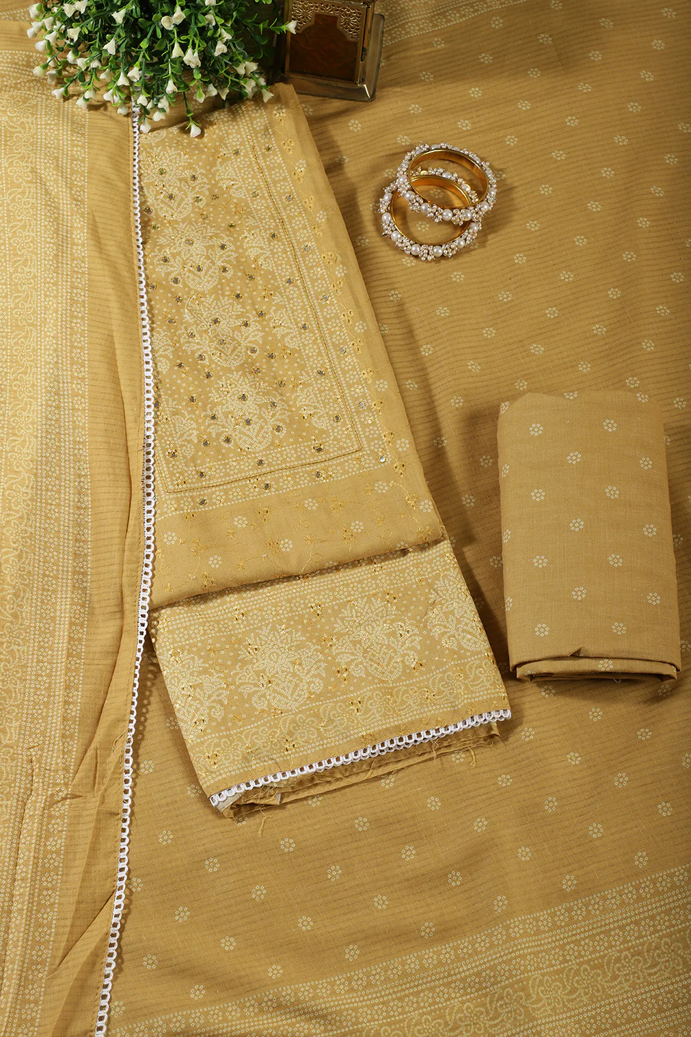 Mustard Color Resham & Mirror Embroidered Cotton Unstitched Suit Fabric - Image 3