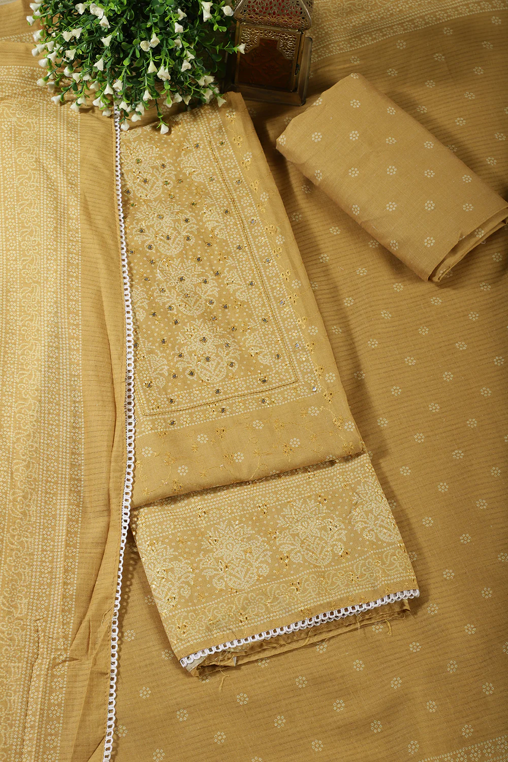 Mustard Color Resham & Mirror Embroidered Cotton Unstitched Suit Fabric - Image 4