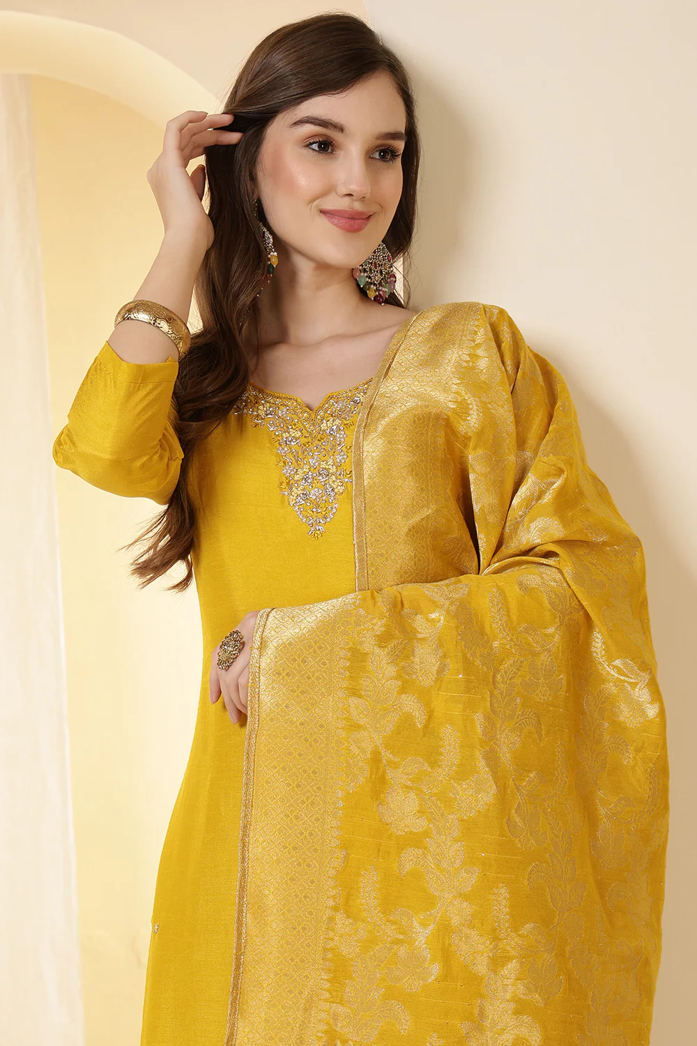 Mustard Color Silk Neck Embroidered Suit Set - Image 2
