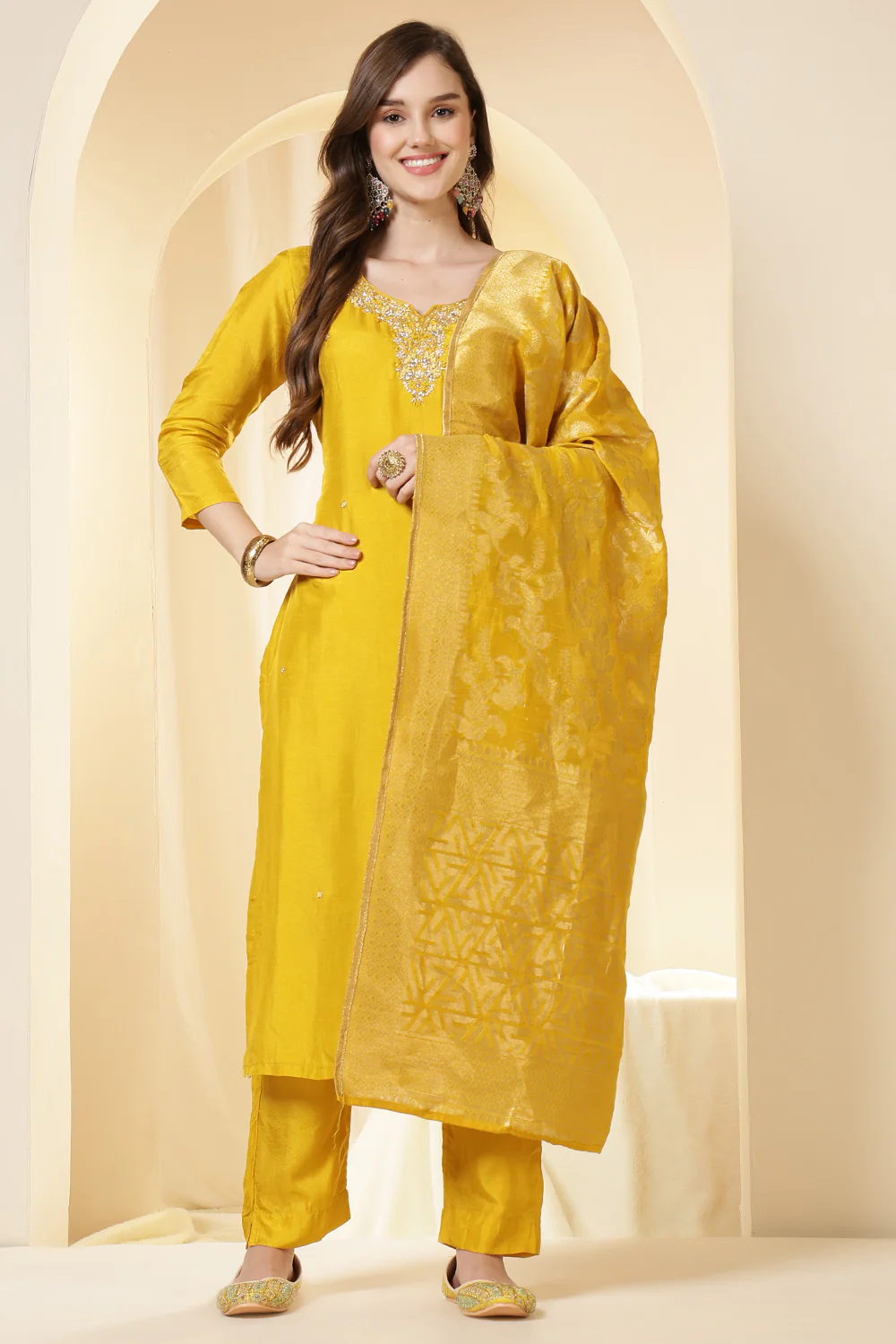 Mustard Color Silk Neck Embroidered Suit Set - Image 3