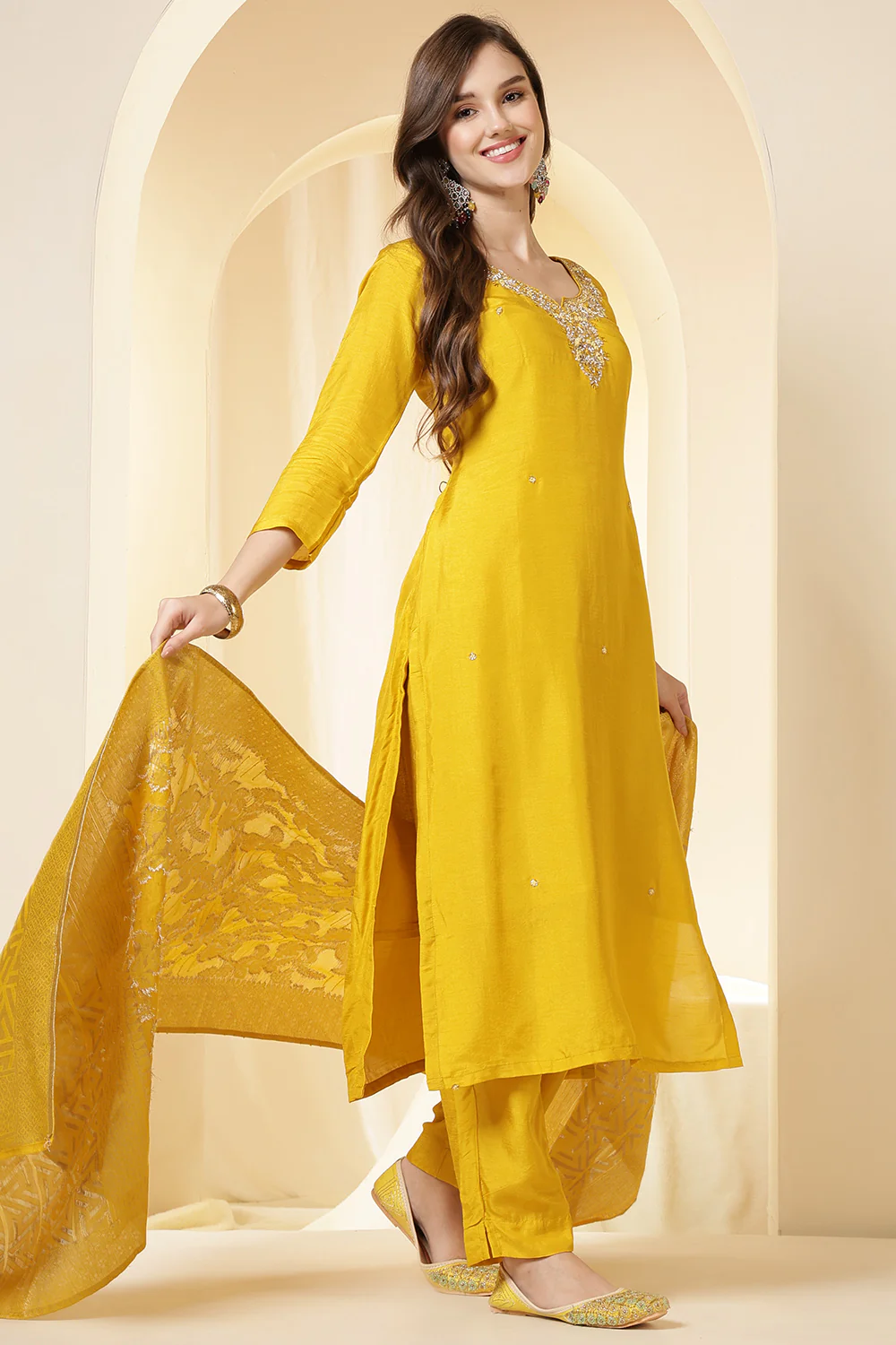 Mustard Color Silk Neck Embroidered Suit Set - Image 5