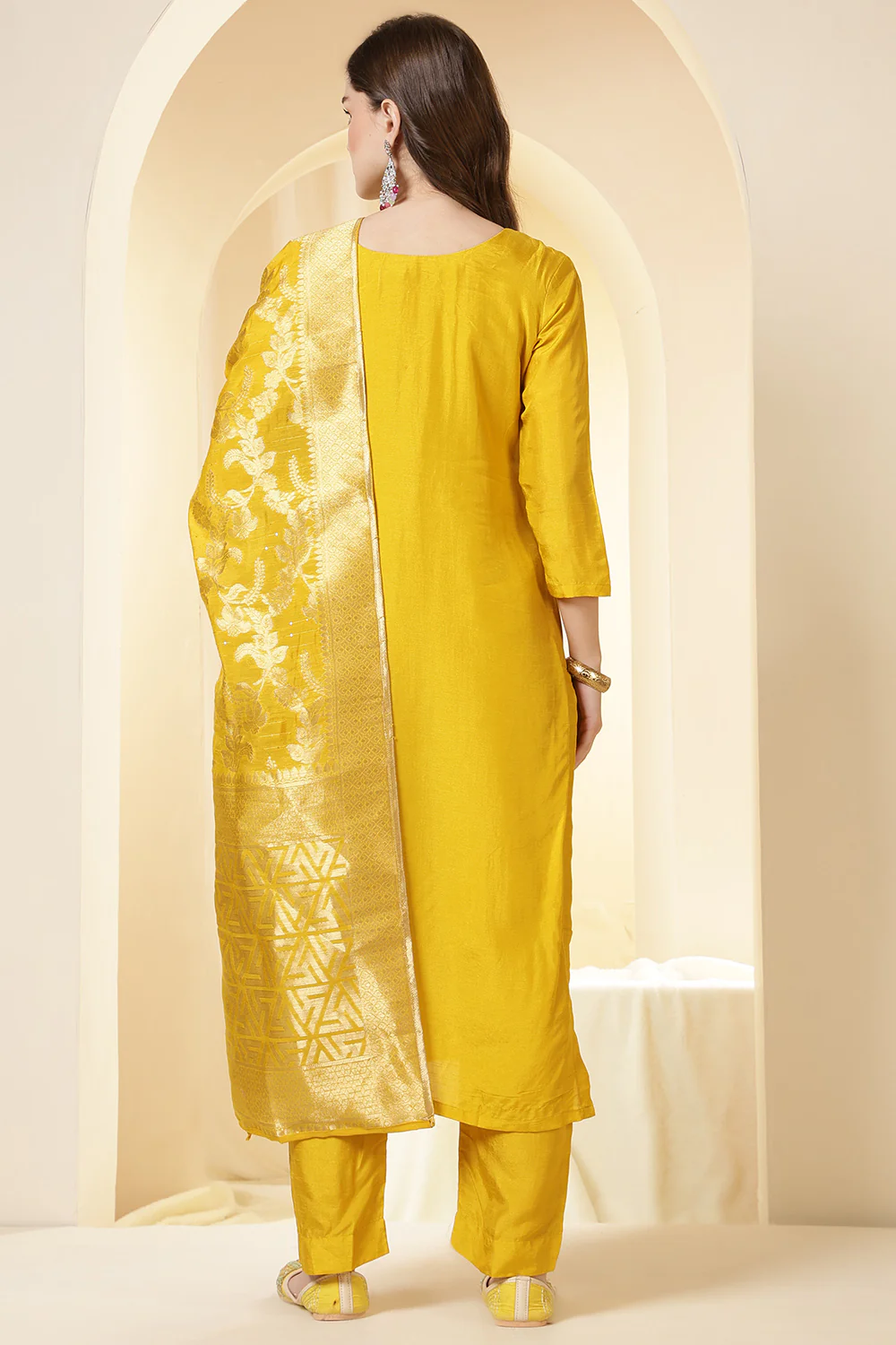 Mustard Color Silk Neck Embroidered Suit Set - Image 6
