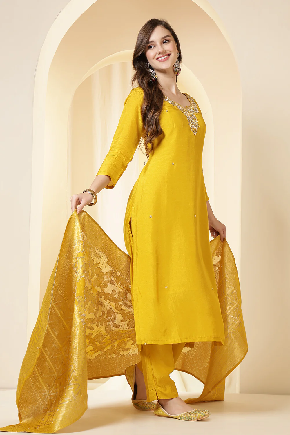 Mustard Color Silk Neck Embroidered Suit Set - Image 7