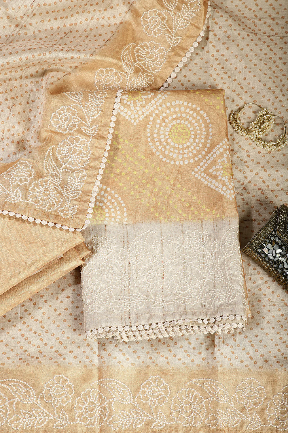 Mustard Color Tussar Silk Bandhani Printed Unstitched Suit Material - Image 2