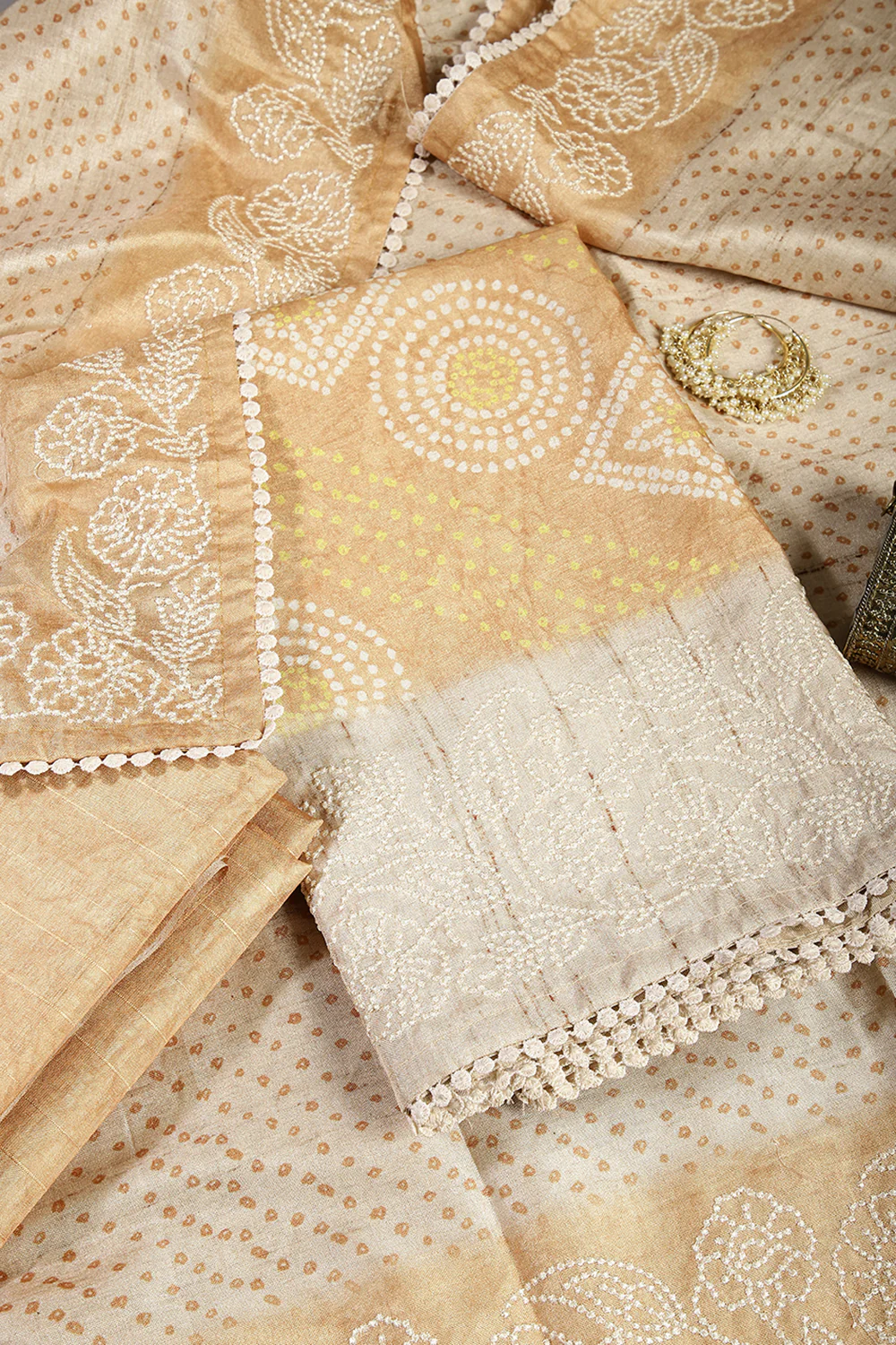 Mustard Color Tussar Silk Bandhani Printed Unstitched Suit Material - Image 3