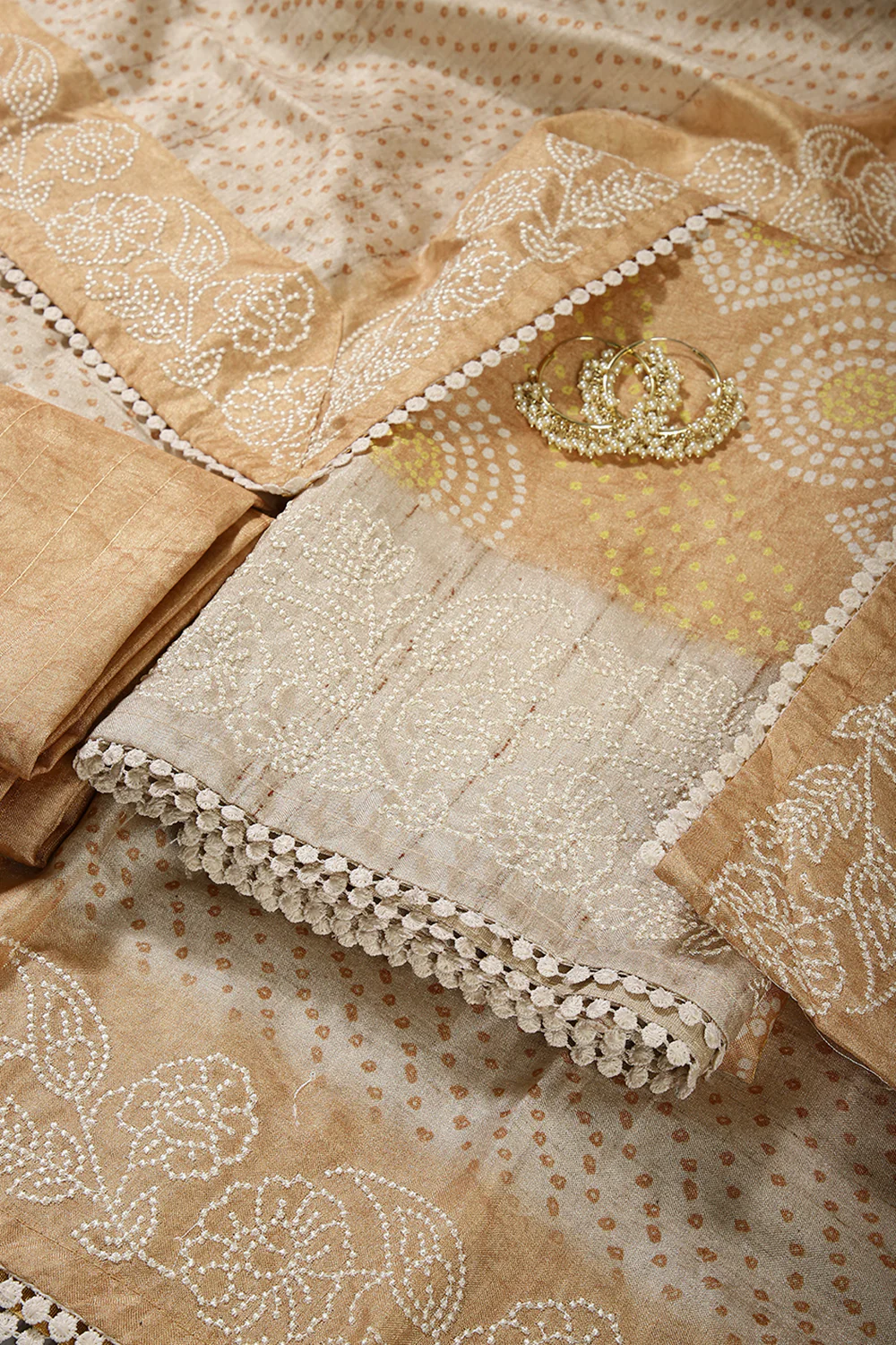 Mustard Color Tussar Silk Bandhani Printed Unstitched Suit Material - Image 4