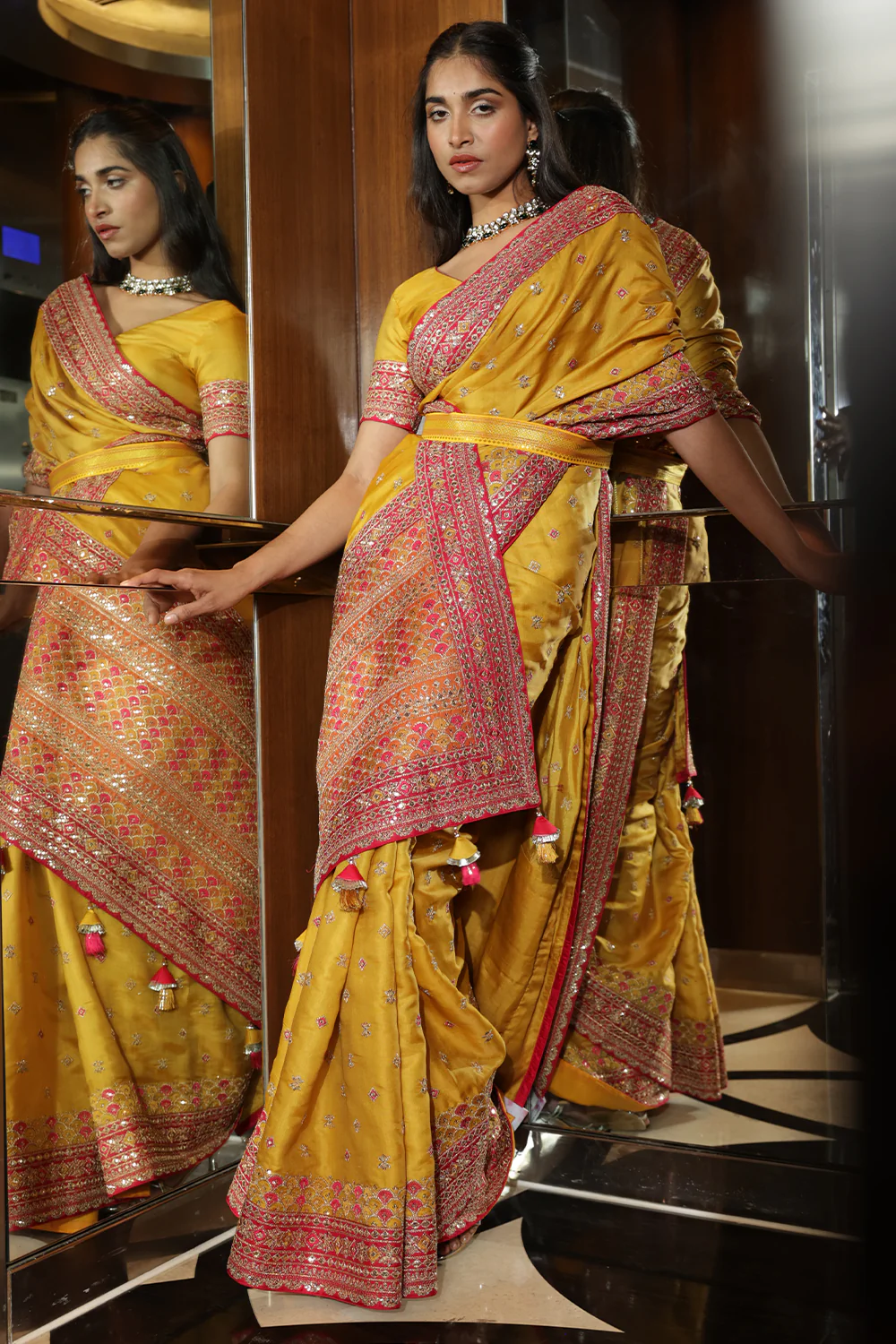 Mustard Colour Embroidery Silk Saree - Image 4