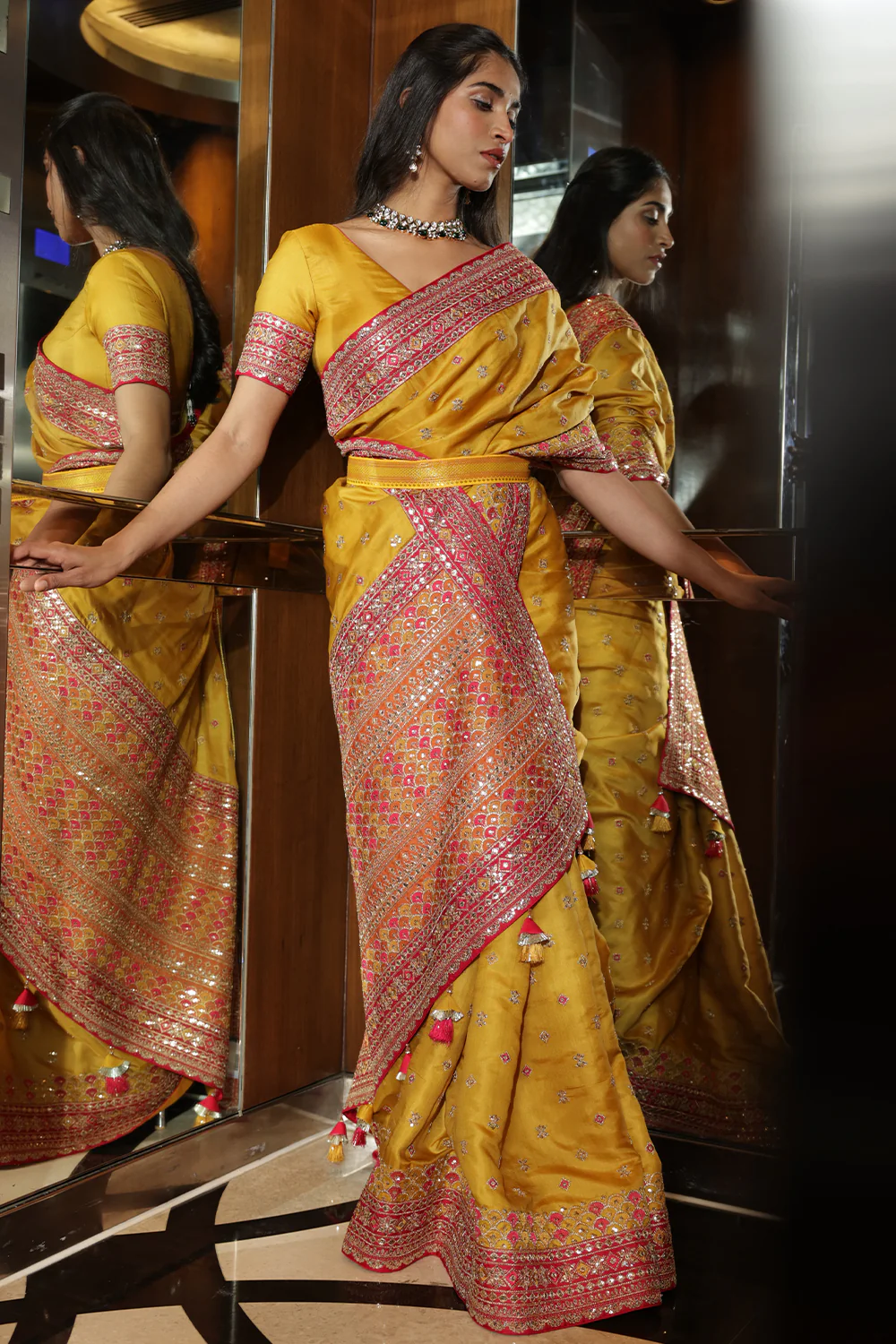 Mustard Colour Embroidery Silk Saree - Image 5