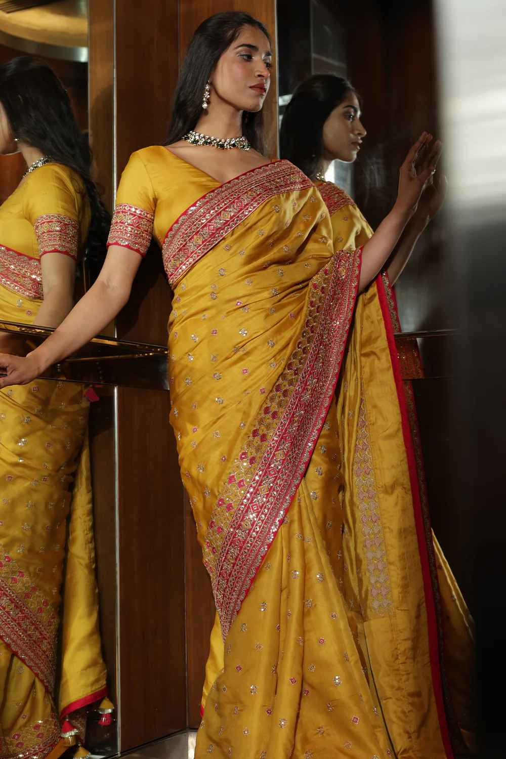 Mustard Colour Embroidery Silk Saree - Image 6