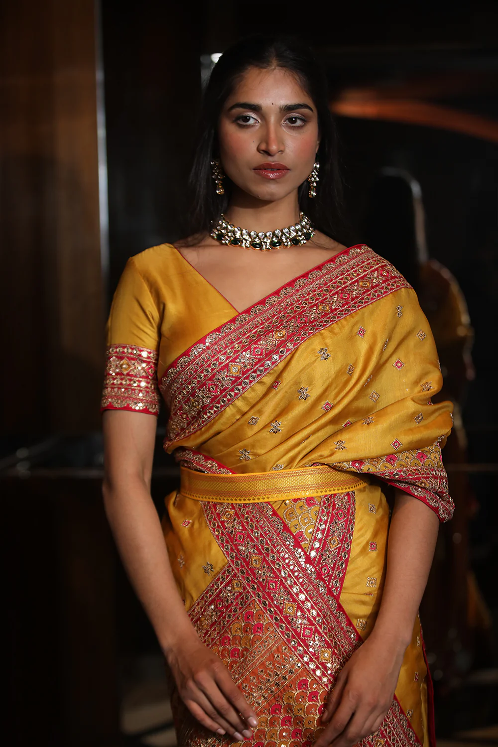 Mustard Colour Embroidery Silk Saree - Image 7