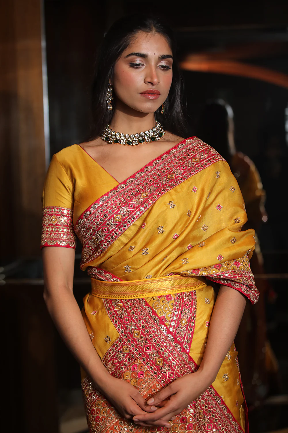 Mustard Colour Embroidery Silk Saree - Image 9