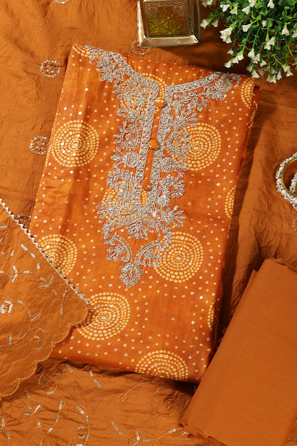 Mustard Cotton Bandhani Printed & Neck Embroidered Unstitched Suit - Image 2