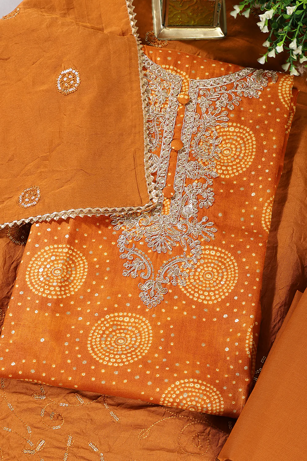 Mustard Cotton Bandhani Printed & Neck Embroidered Unstitched Suit - Image 3