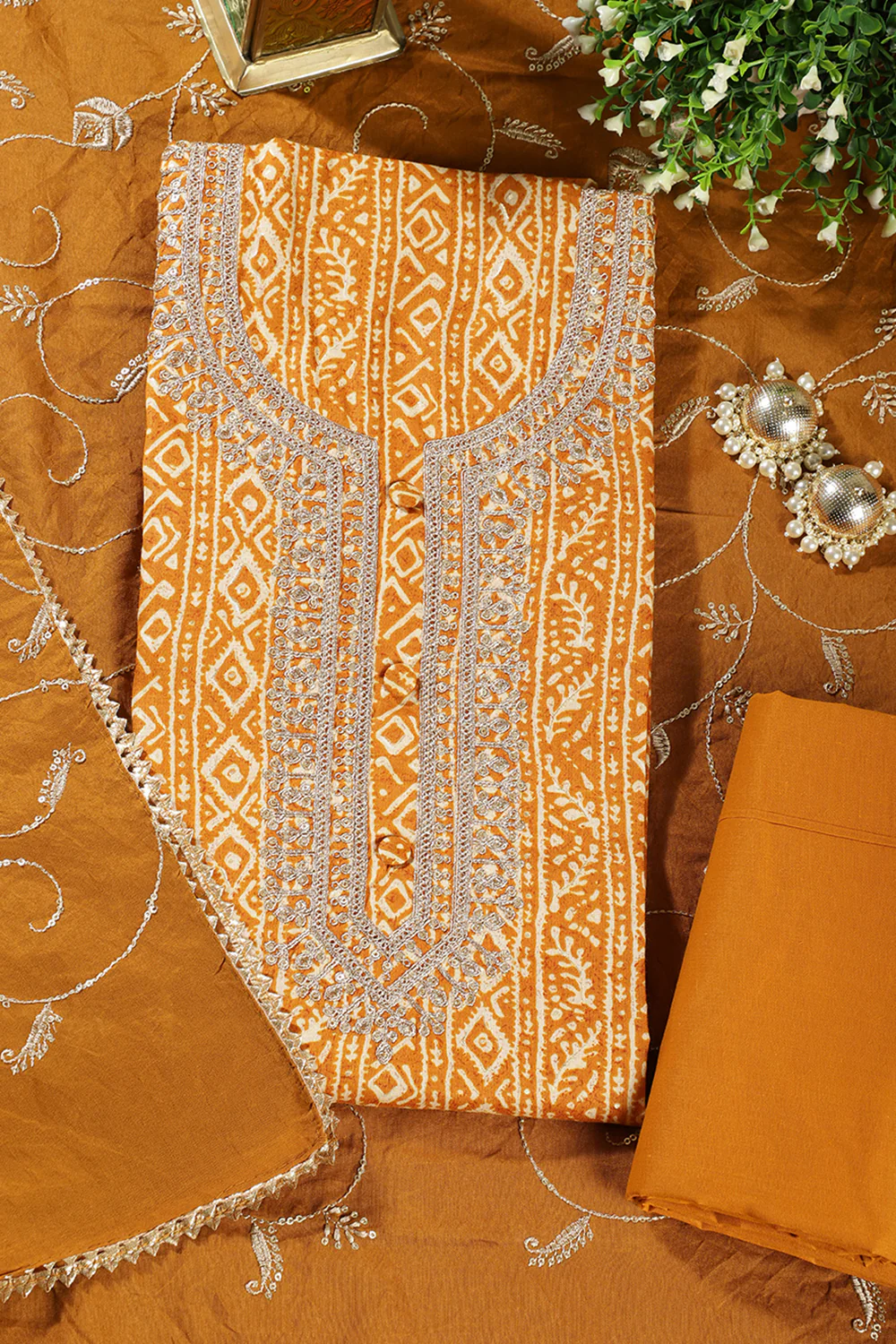 Mustard Cotton Digital Printed & Neck Embroidered Unstitched Suit - Image 2