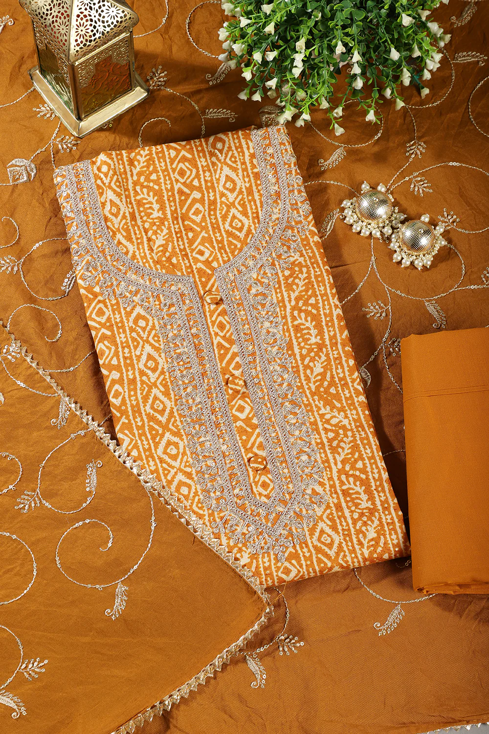 Mustard Cotton Digital Printed & Neck Embroidered Unstitched Suit - Image 3