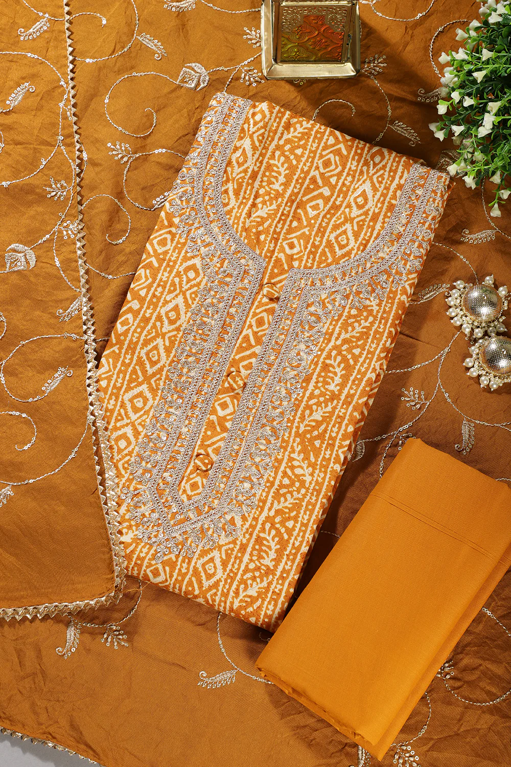 Mustard Cotton Digital Printed & Neck Embroidered Unstitched Suit - Image 4
