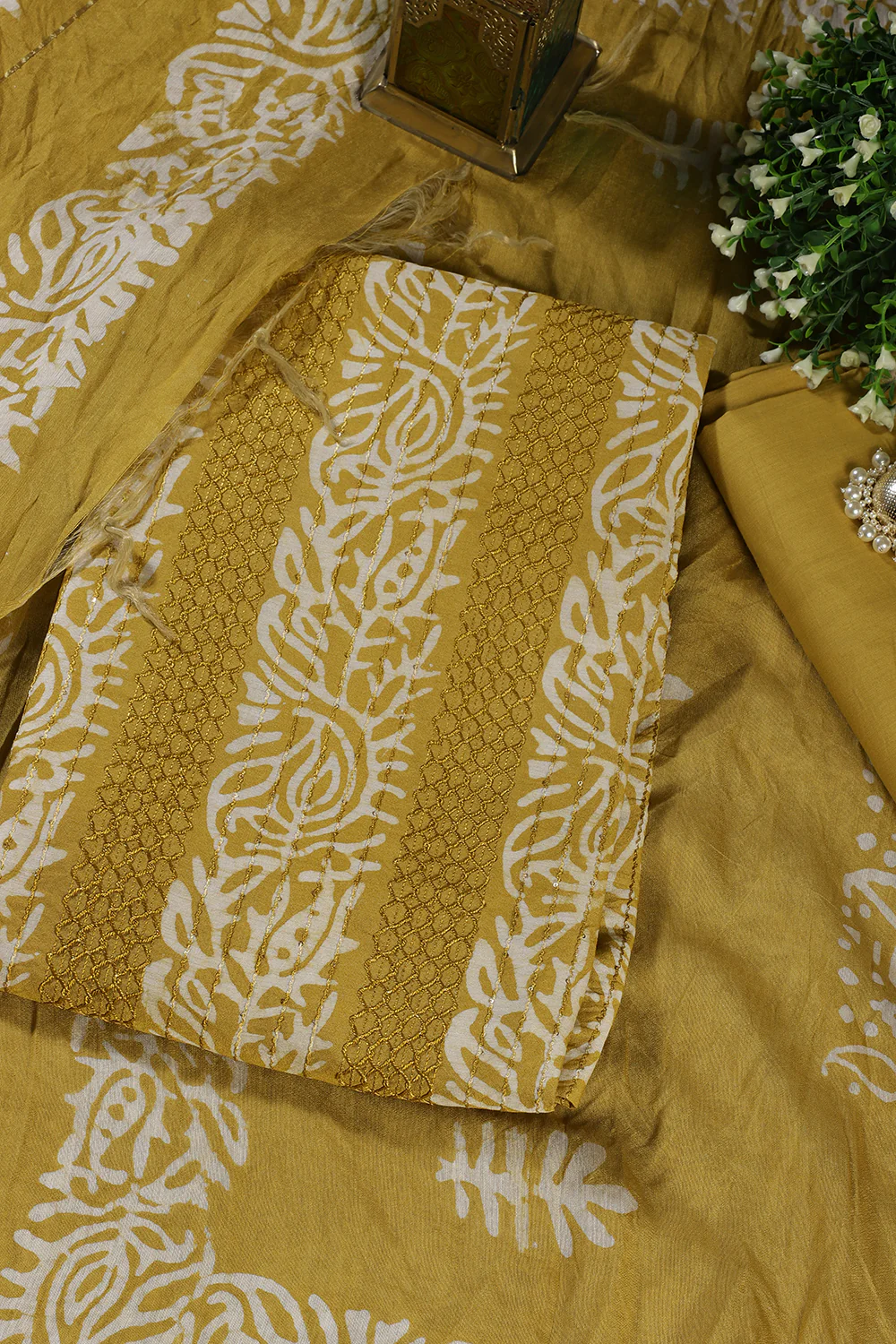 Mustard Cotton Printed And Resham Embroidered Unstitched Suit Material - Image 3