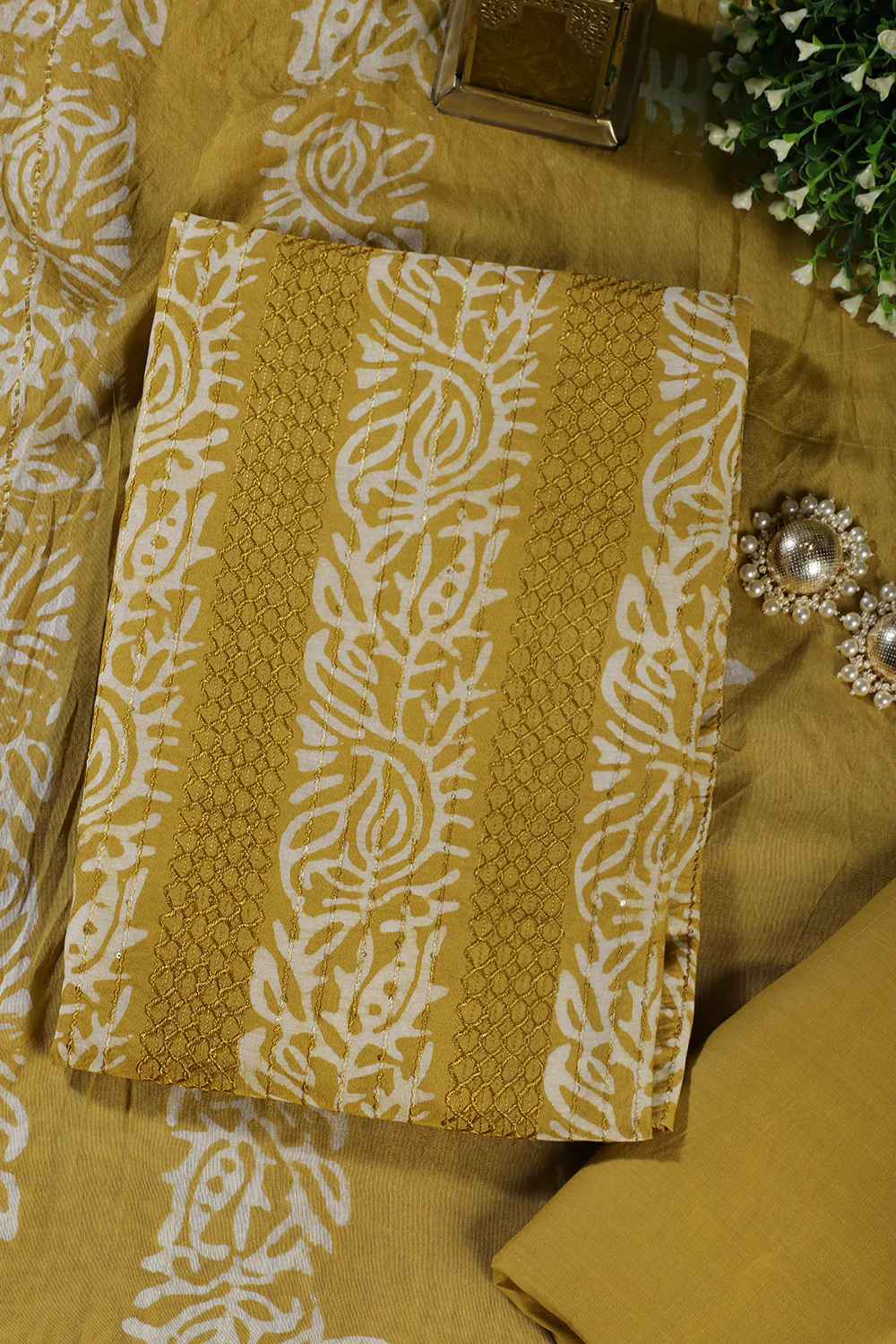 Mustard Cotton Printed And Resham Embroidered Unstitched Suit Material - Image 4
