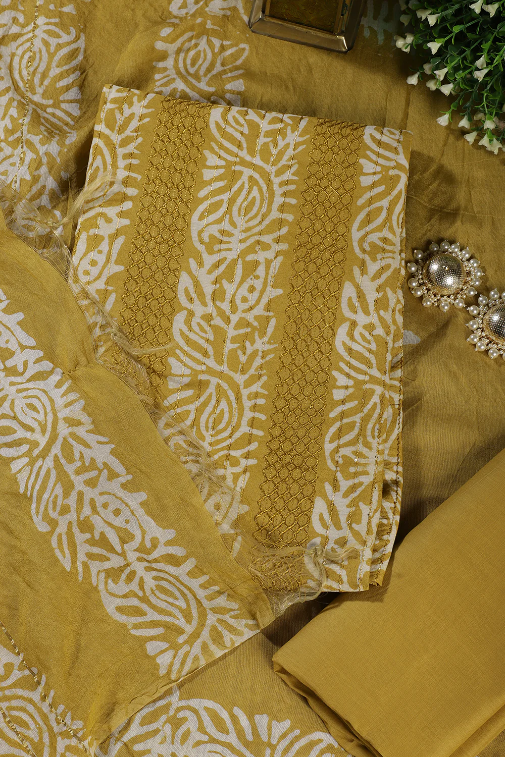 Mustard Cotton Printed And Resham Embroidered Unstitched Suit Material - Image 5