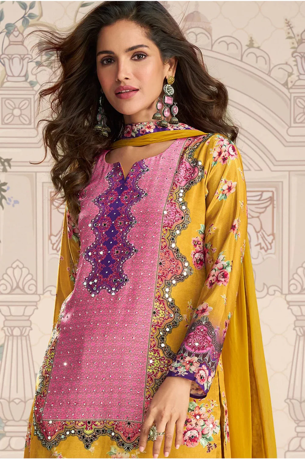Mustard Crepe Silk Mirror And Swarovski Embroidered Printed Suit With Gharara - Image 2