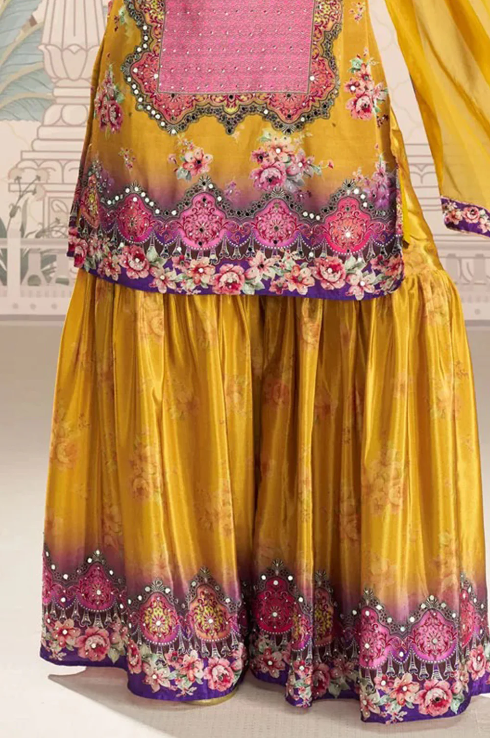Mustard Crepe Silk Mirror And Swarovski Embroidered Printed Suit With Gharara - Image 3
