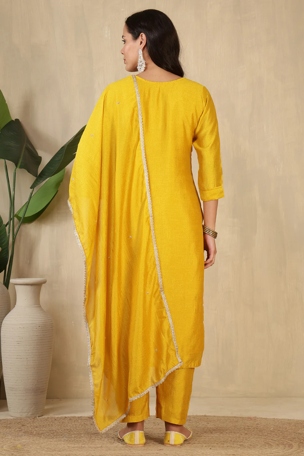 Mustard Crepe Silk Neck Embroidered Suit - Image 3