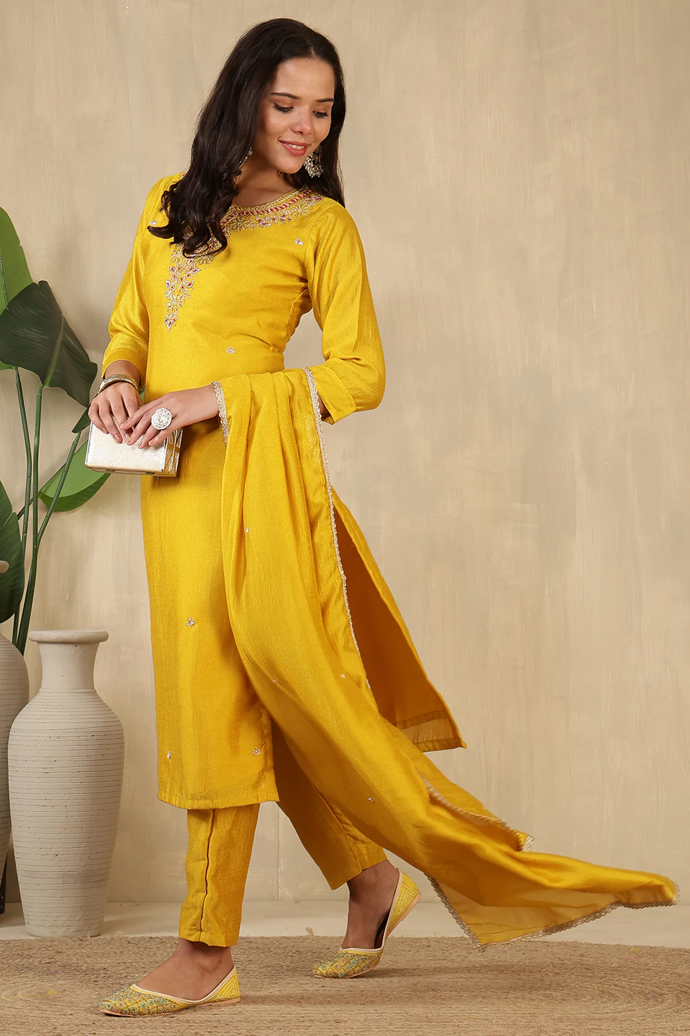 Mustard Crepe Silk Neck Embroidered Suit - Image 4