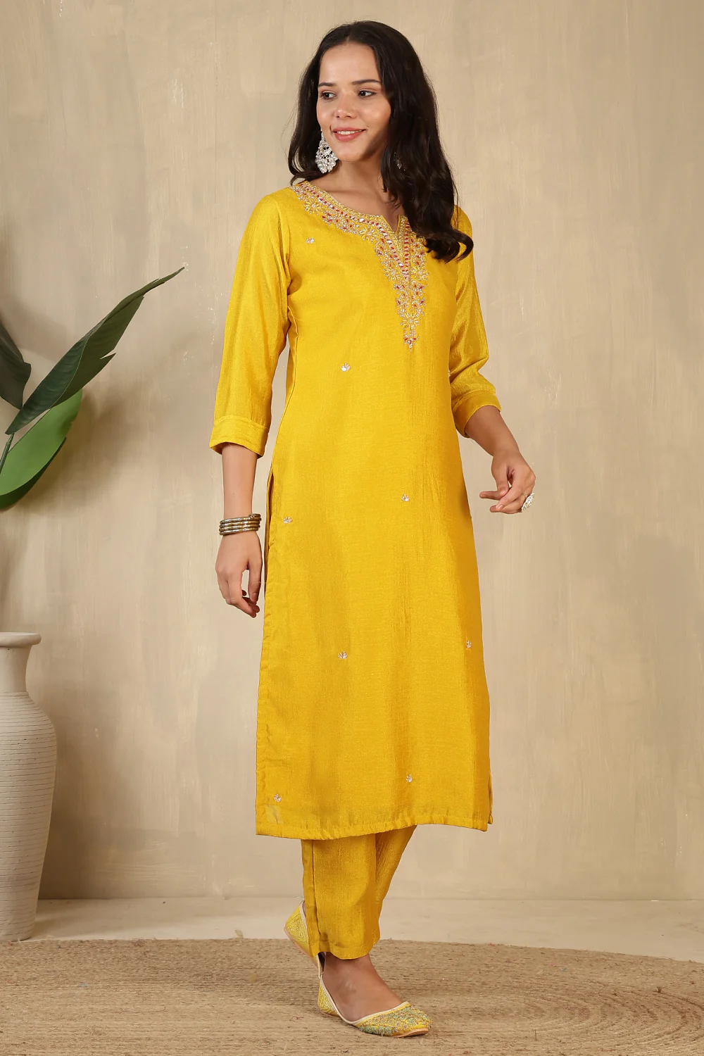 Mustard Crepe Silk Neck Embroidered Suit - Image 5