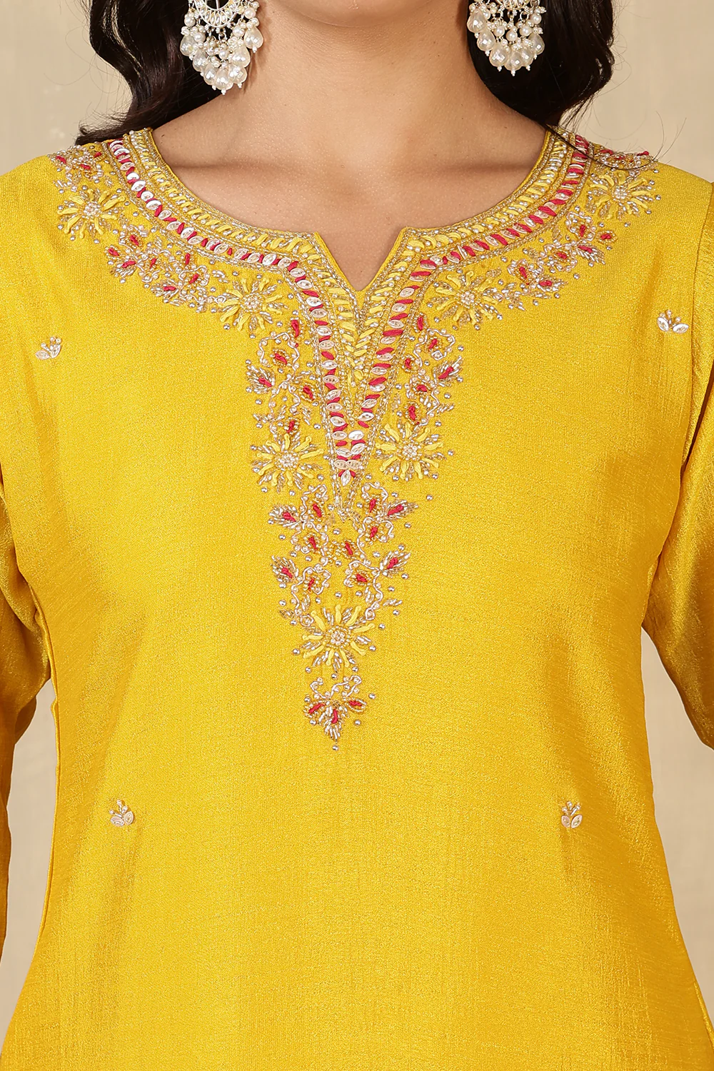 Mustard Crepe Silk Neck Embroidered Suit - Image 6