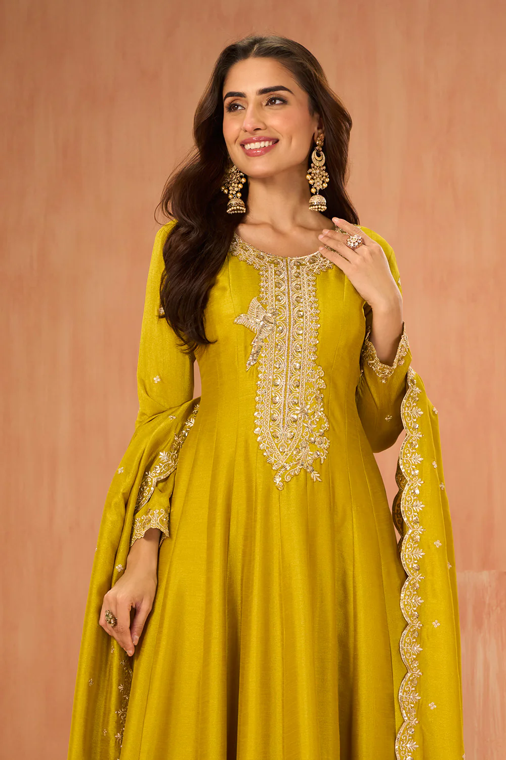 Mustard Crepe Silk Zari and Sequins Embroidered Anarkali Suit - Image 2