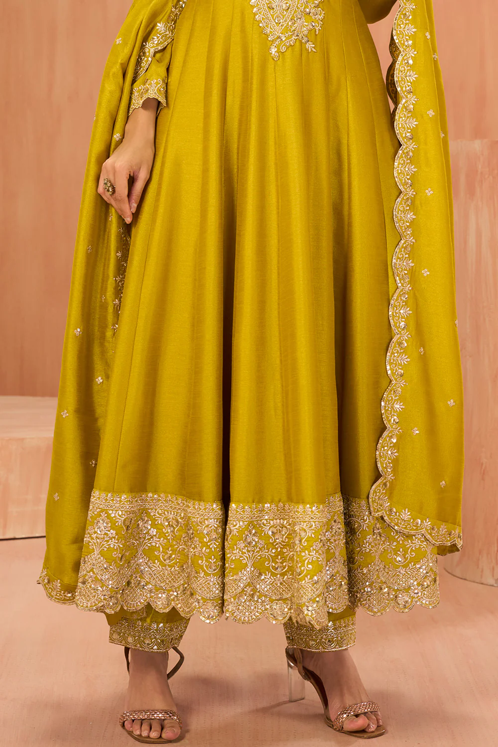 Mustard Crepe Silk Zari and Sequins Embroidered Anarkali Suit - Image 3